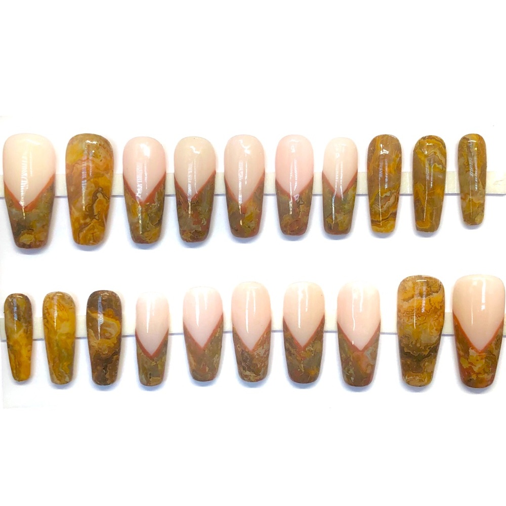 Custom Handmade Press On Nails Long Coffin Milky White Brown French Marble Nails